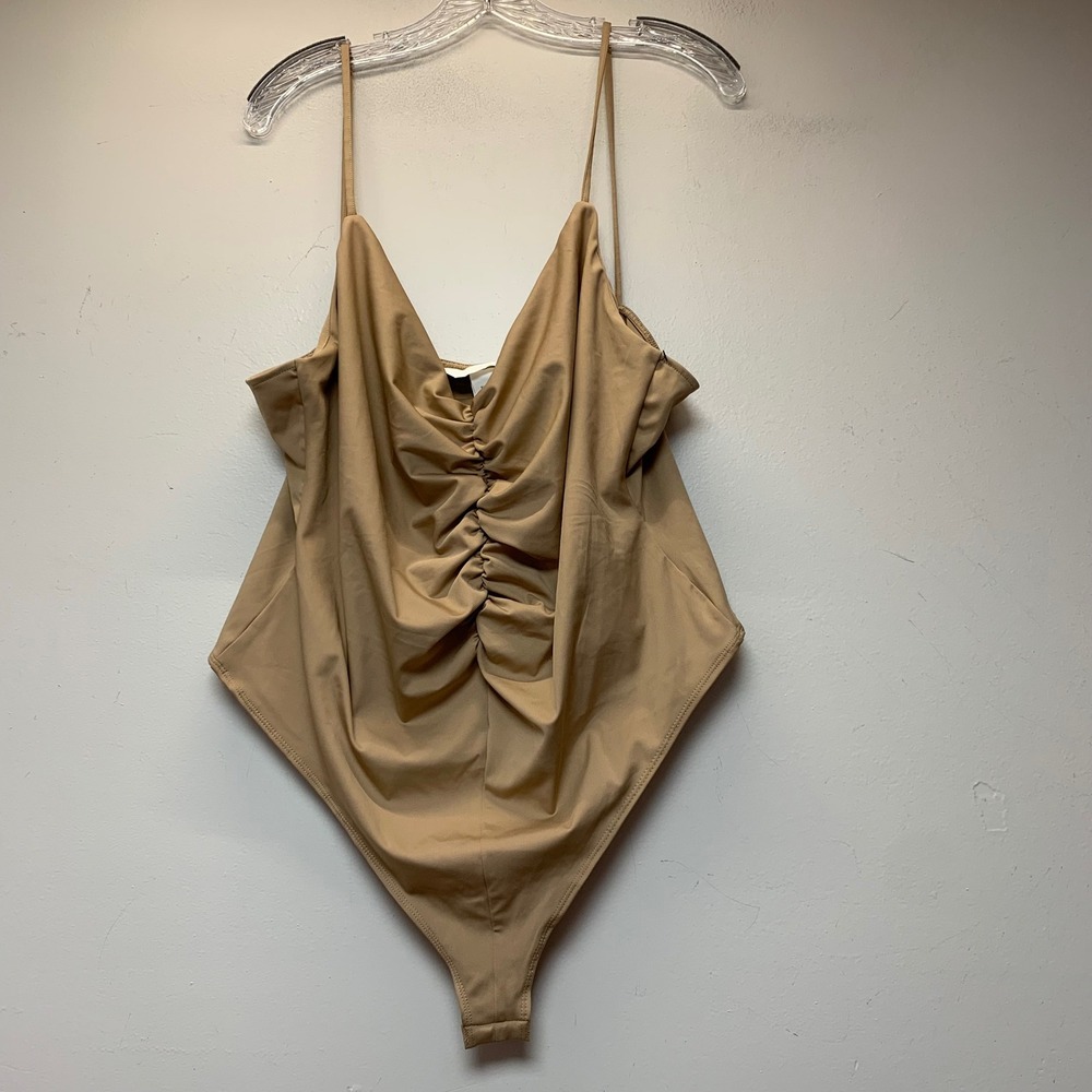 H&M Bodysuit Womens XXL Tan Like New Ruched Spaghetti Strap 11449767